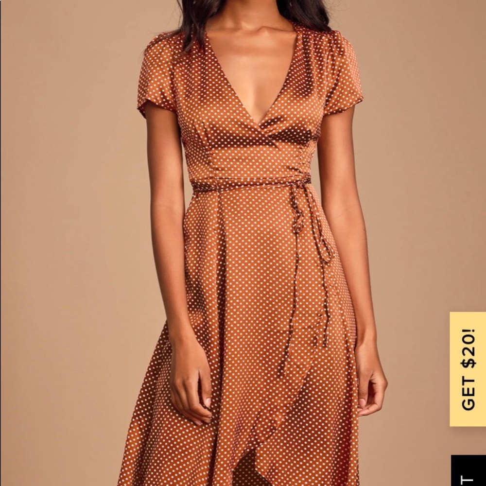 Lulus burnt orange, polka dot wrap dress, XS